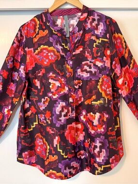 Raquel Allegra 100% Silk Purple Multicolor Abstract Print Blouse